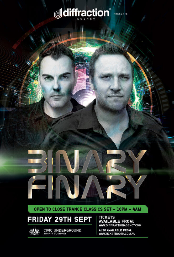 Diffraction Agency presents Binary Finary at Civic Underground, Sydney, Australia on 29th of September 2017