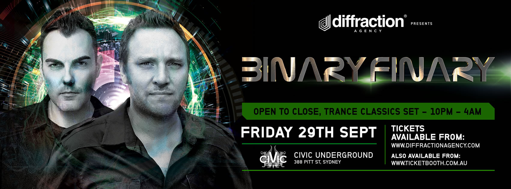 Diffraction Agency presents Binary Finary at Civic Underground, Sydney, Australia on 29th of September 2017 banner
