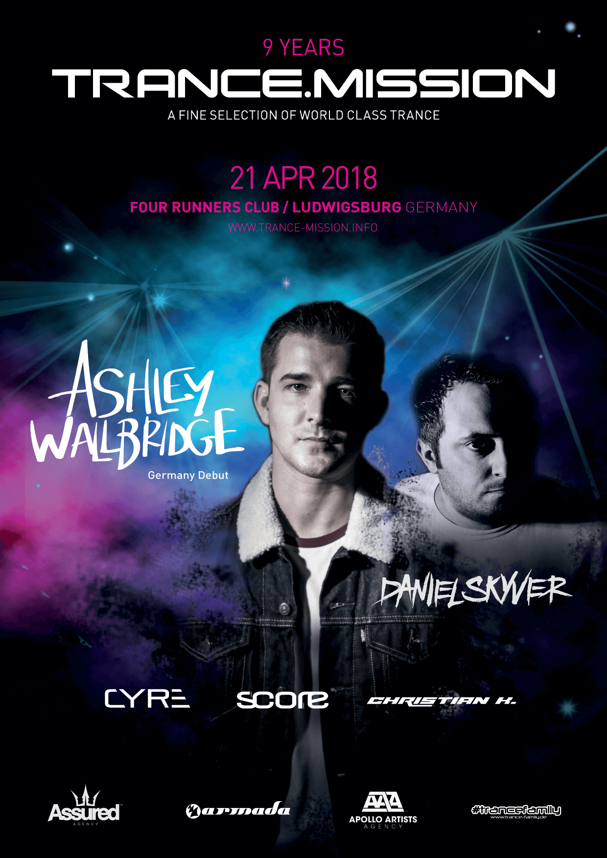 Trance.Mission presents Ashley Walbridge and Daniel Skyver at Four Runners Club, Ludwigsburg, Germany on 21st of April 2018