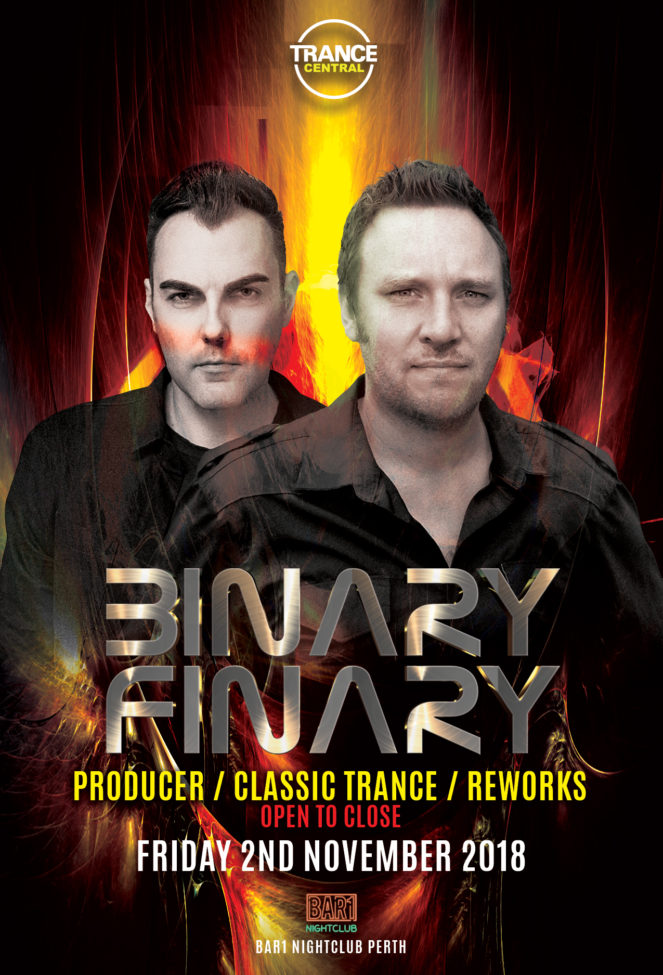 Trance Central presents Binary Finary at Bar1 Nightclub, Perth, Australia on 2nd of November 2018